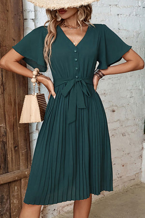Forest green midi dress with flutter sleeves, V-neck, buttons, and pleated skirt.