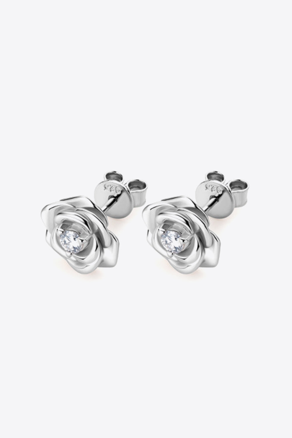 Silver rosebud diamond stud earrings with clear center stone