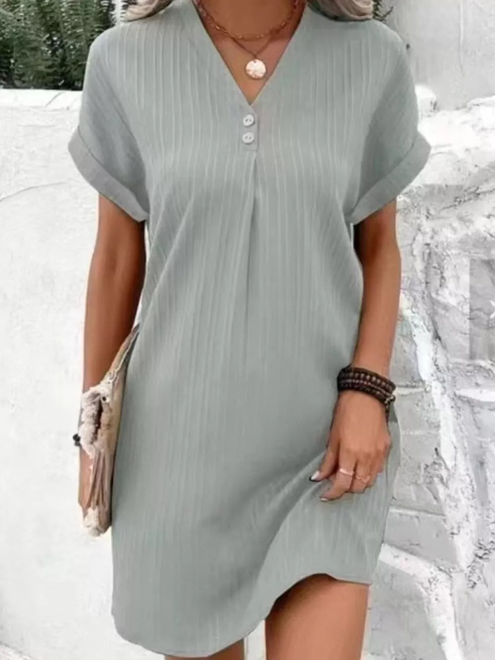 Full Size Casual V-neck Short Sleeve Dress in Silver, view 19