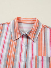 Classic button-down shirt with orange, pink, and gray stripes, cotton, short sleeves, collar, and pocket.