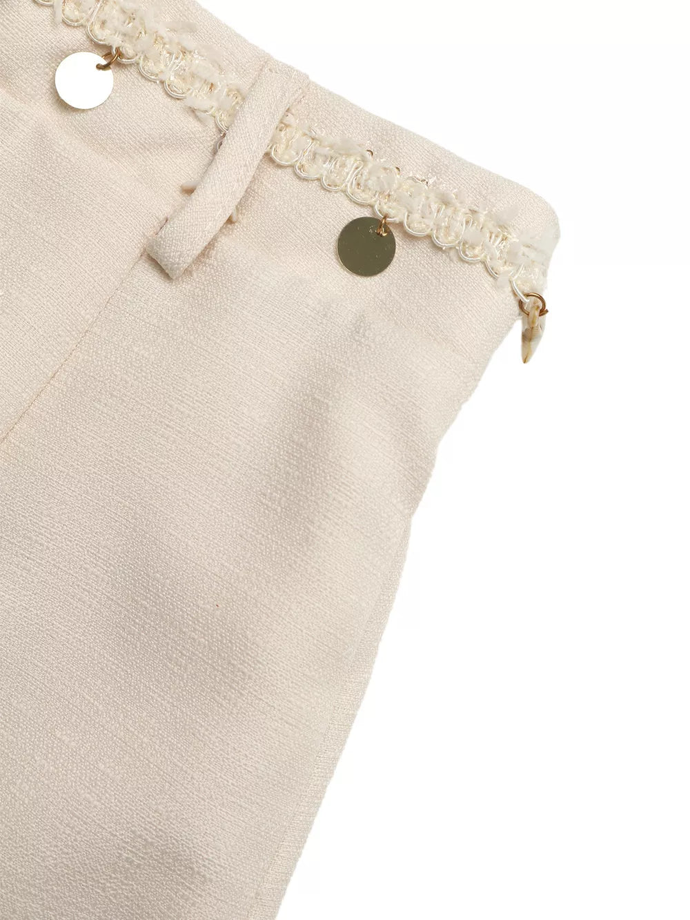 Embellished linen two-piece set in cream with decorative trim and gold coin details.