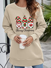Beige tunic sweatshirt with Christmas gnomes graphic and Merry Christmas text.