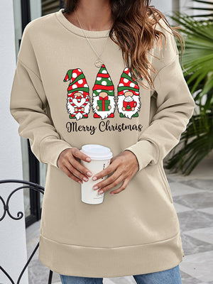 Beige tunic sweatshirt with Christmas gnomes graphic and Merry Christmas text.