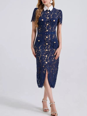 Navy lace midi dress with white collar, gold buttons, pockets, and front slit.