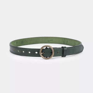 Green leather belt with antique brass round buckle and stitched details