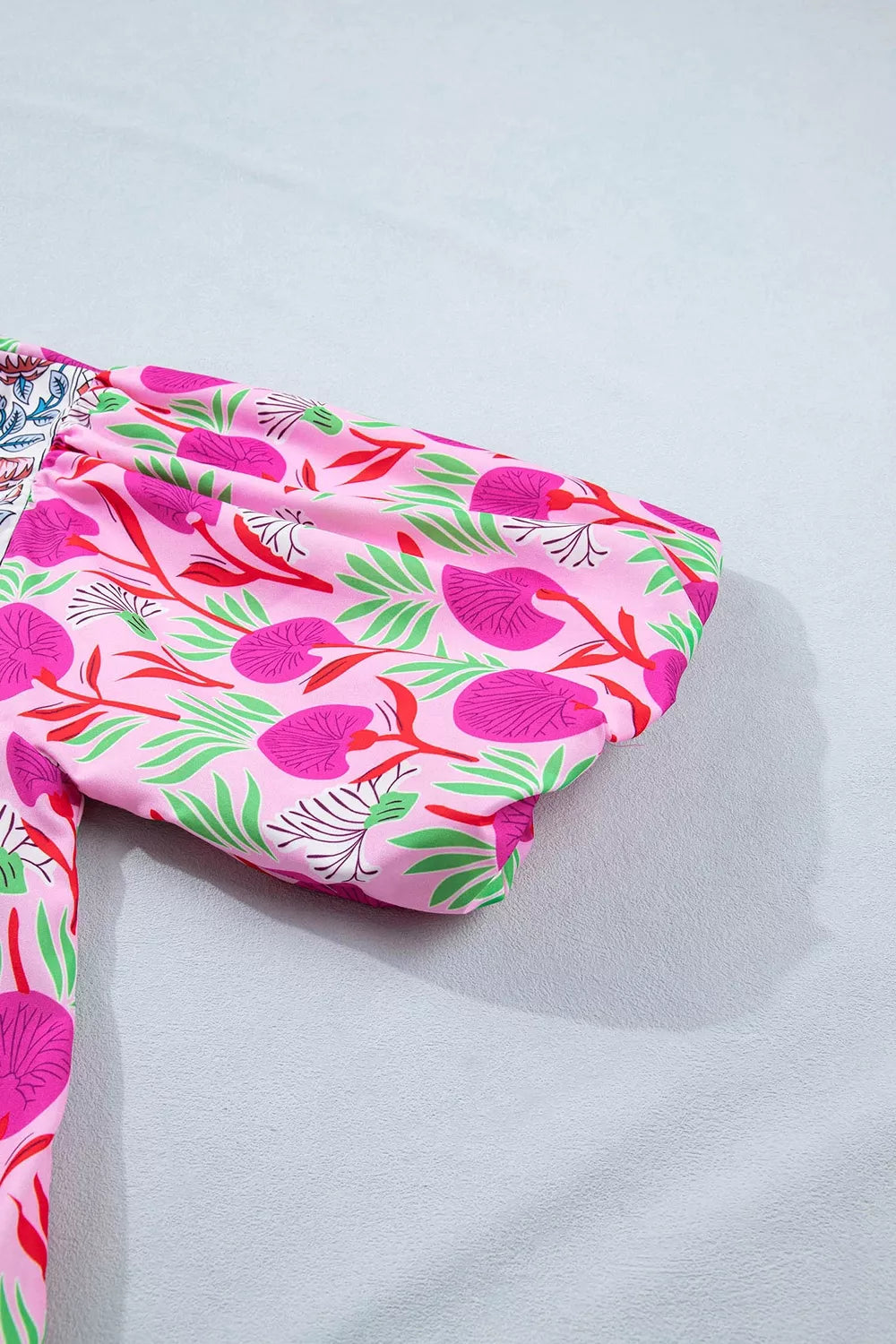 Floral Print Short Sleeve Tassel Tie Blouse in Fuchsia Pink, view 13