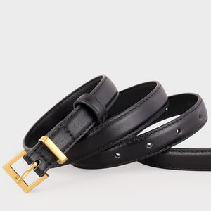 Black leather skinny belt with a gold square buckle and adjustable holes.