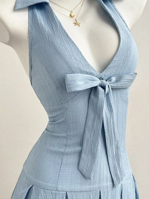 Halter Neck Bow Tie Pleated Mini Dress, model styling view
