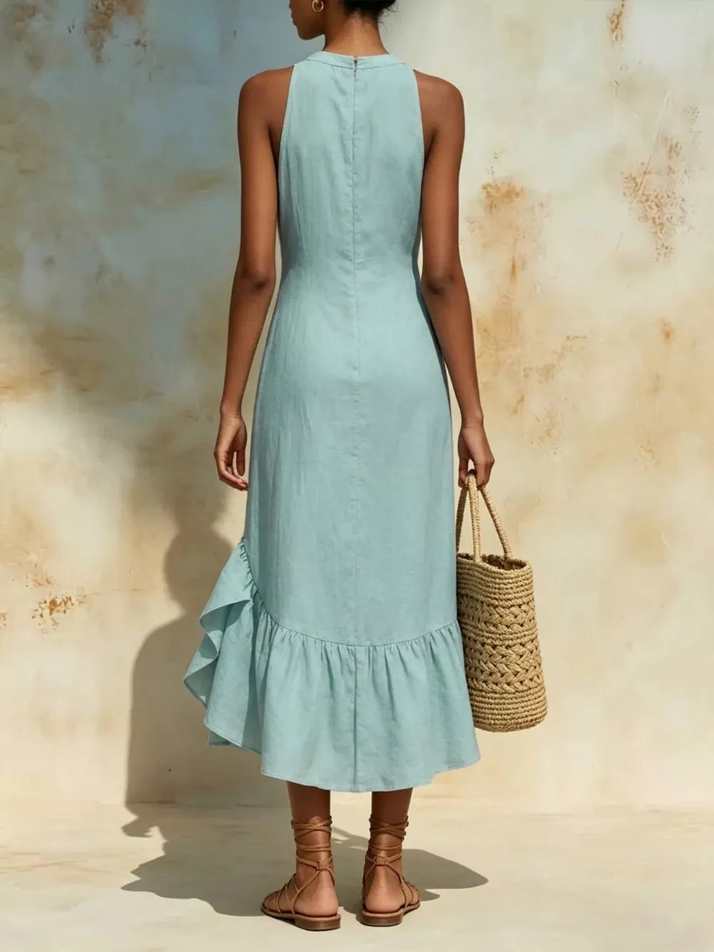 Full Size Ruffle Hem Sleeveless Midi Dress in Yellow, back view