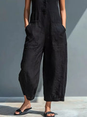 Black button-down sleeveless romper with wide legs and large front pockets.