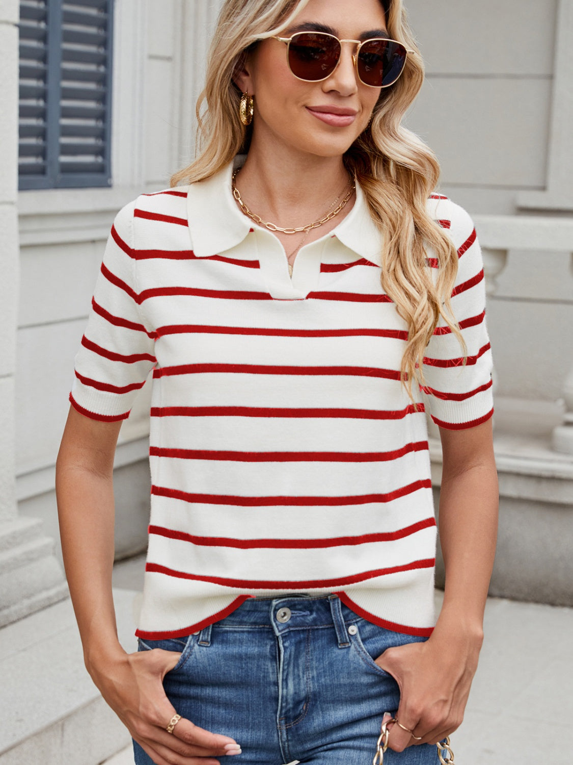 Nautical stripe knit polo top in deep red and white with short sleeves and a classic collar.