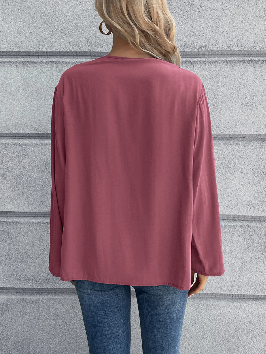 Mandarin collar button-down blouse in a solid color, long sleeves, relaxed fit.