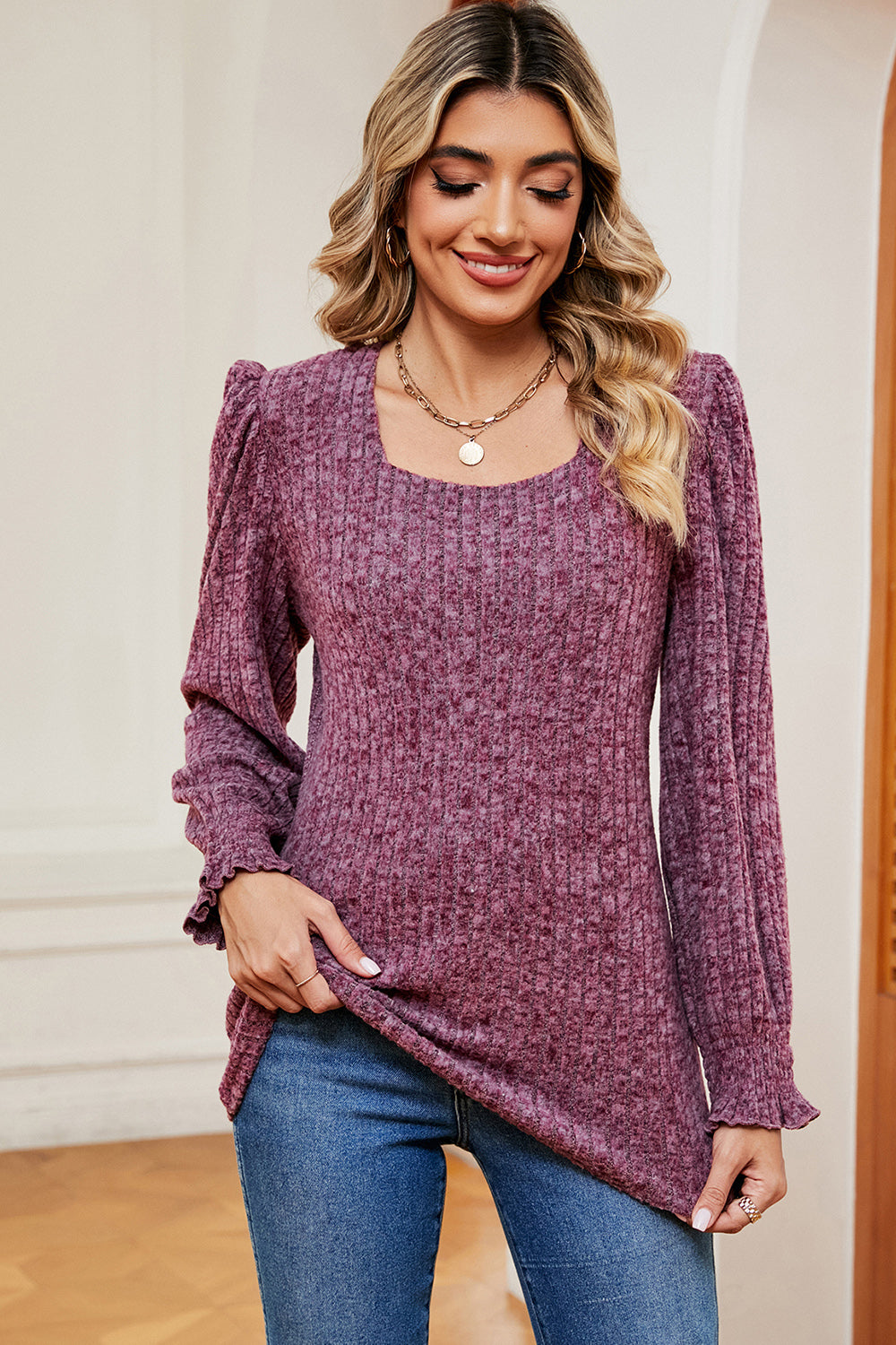 Flounce Charm Square Neck Tee in Red-Violet with puff sleeves and ruffled cuffs.