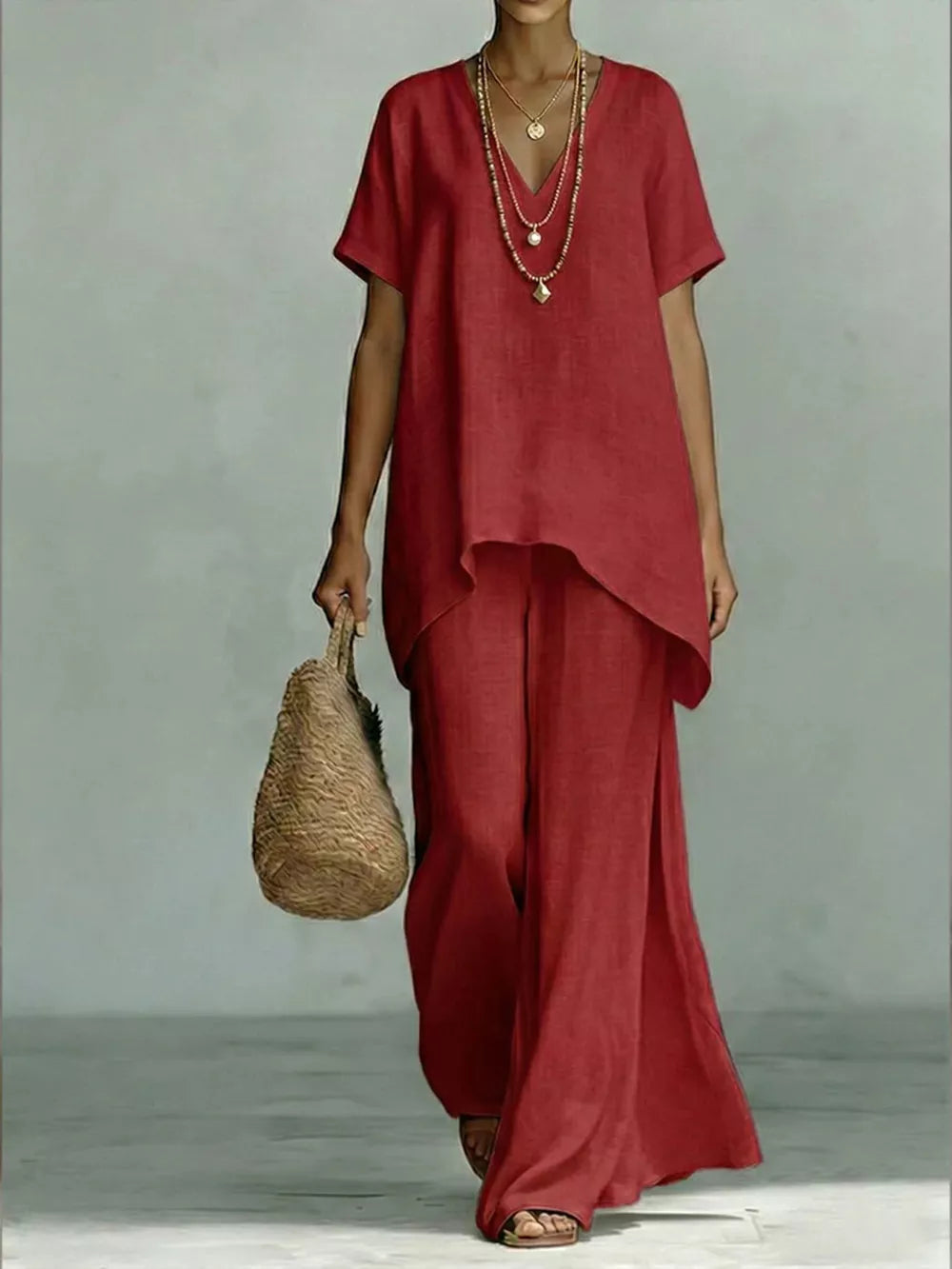 Effortless V-neck Top & Wide-leg Pant Set