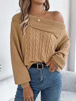 Camel off-shoulder cable knit pullover sweater with asymmetrical neckline and long sleeves.