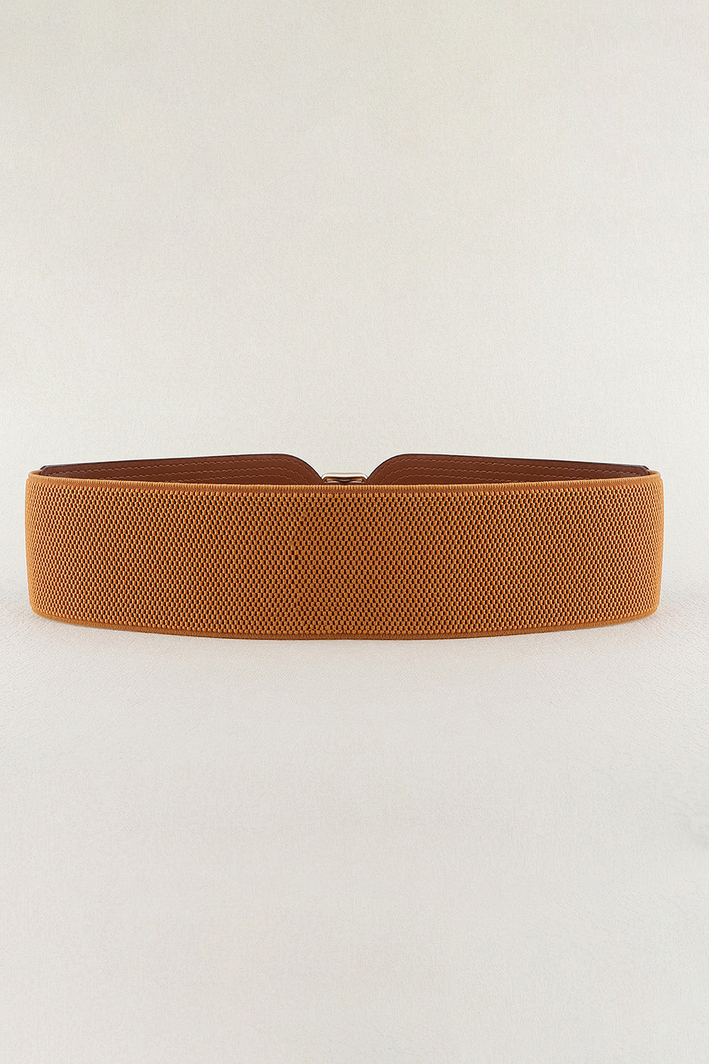 Caramel elasticated waist belt with textured fabric and alloy buckle detail
