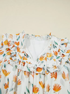 Bohemian Floral Print Ruffle Mini Dress in Sherbet, fit detail