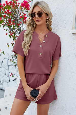 Rust waffle knit henley short set with button detail and short sleeves.