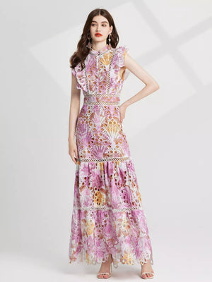 Pink purple floral lace maxi gown with cutout details and ruffled sleeves.