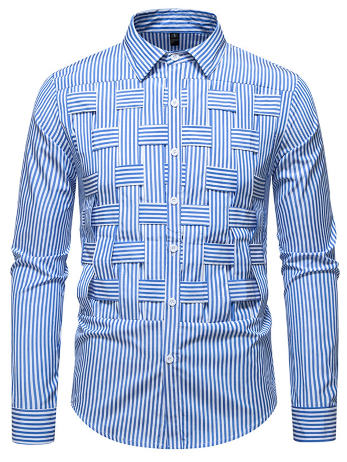 Blue striped woven button-down long sleeve shirt with a unique textured weave detail.