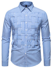 Blue striped woven button-down long sleeve shirt with a unique textured weave detail.