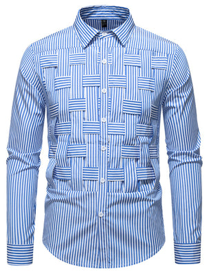 Blue striped woven button-down long sleeve shirt with a unique textured weave detail.