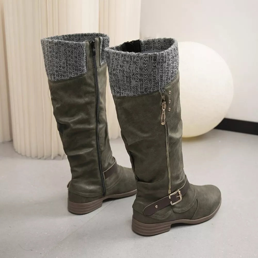 Matcha green suede slouch knee-high boots with knit cuff and side zipper detail.