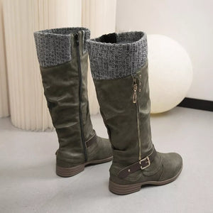 Matcha green suede slouch knee-high boots with knit cuff and side zipper detail.