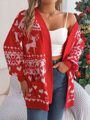 Red jacquard open-front cardigan with reindeer and heart pattern, acrylic knit, long sleeves, pockets.