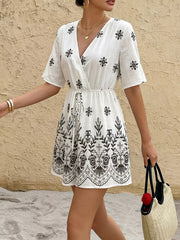 Printed Surplice Half Sleeve Romper in White, side view