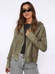 Waffle knit cropped hoodie in Matcha Green with snap-front and zip closure.