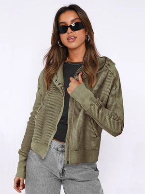 Waffle knit cropped hoodie in Matcha Green with snap-front and zip closure.