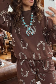 Western Print Elastic Waist Pocket Pant Set in Coffee Brown, close-up detail