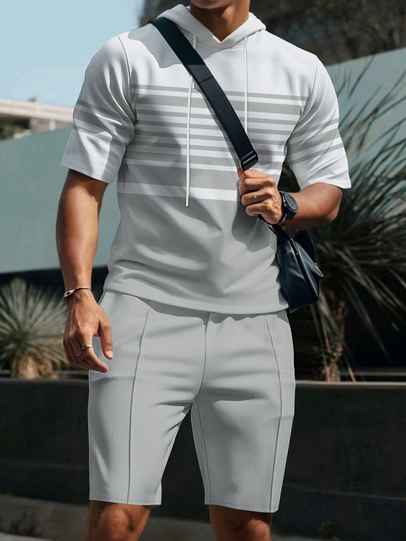 Men's Striped Short Sleeve Hoodie And Shorts Set, model styling view
