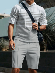 Men's Striped Short Sleeve Hoodie And Shorts Set, model styling view