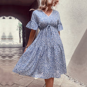 Light blue ditsy floral midi dress with tiered skirt and tie waist