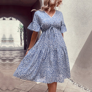 Light blue ditsy floral midi dress with tiered skirt and tie waist