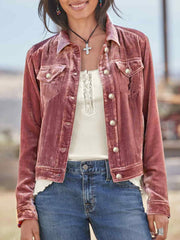 Dusty pink velvet western jacket with silver buttons, collared, buttoned front, chest pockets