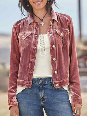 Dusty pink velvet western jacket with silver buttons, collared, buttoned front, chest pockets
