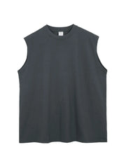 Dark gray sleeveless top with asymmetric panel detail and crew neck.
