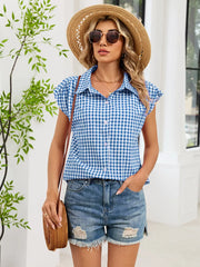 Plaid Button Up Cap Sleeve Shirt, fit detail