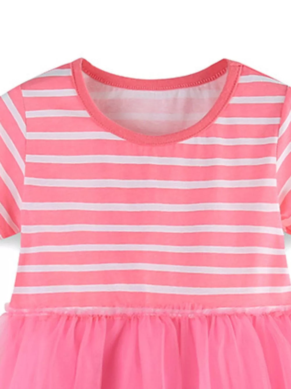 Pink and white striped cotton blend baby dress with a bright pink tulle skirt.