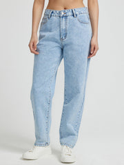 Light wash high-rise denim jeans with a buttoned fly and classic five-pocket styling.