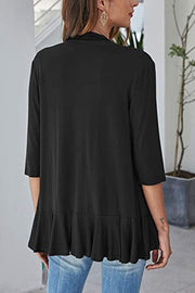 Black cardigan with asymmetrical ruffle hem and 3/4 sleeves