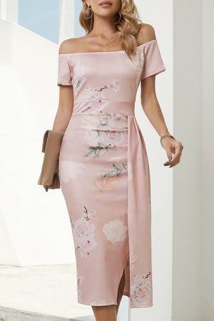 Blush pink off-shoulder midi dress with floral print and side slit.