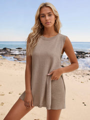 Tan textured knit co-ord set with side slits and ribbed shorts.