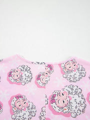 Pink V-neck pajama top with a festive Santa Claus and snowflake print.