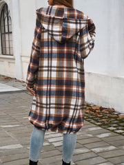Plaid cocoon hoodie jacket with a draped, oversized fit and drawstring hem, shown in brown multi.