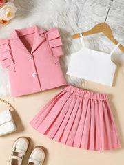 Pink toddler outfit with ruffled sleeve collared shirt, pleated skirt, and white cami.