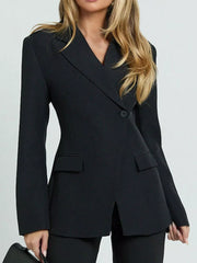 Black single-button blazer with lapel, notched collar, and flap pockets.